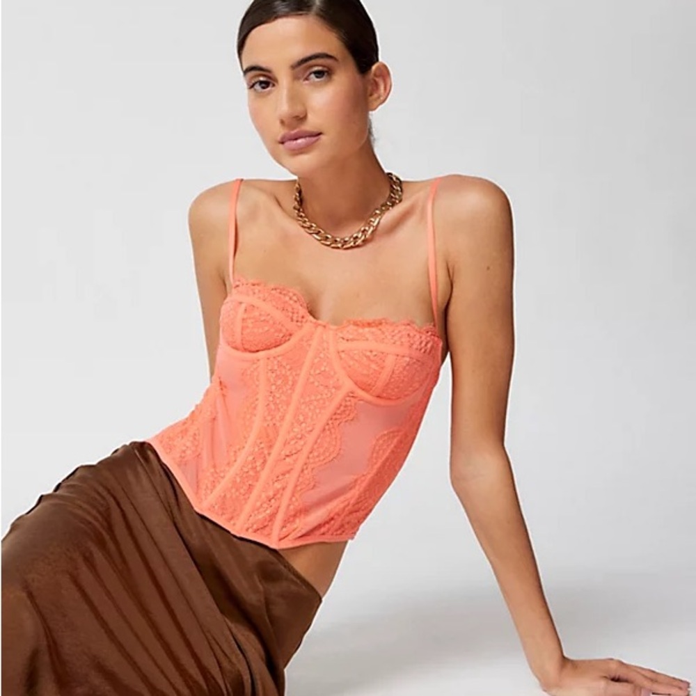 Out From Under Lace-Trim Mesh Corset Top Size XS CORAL